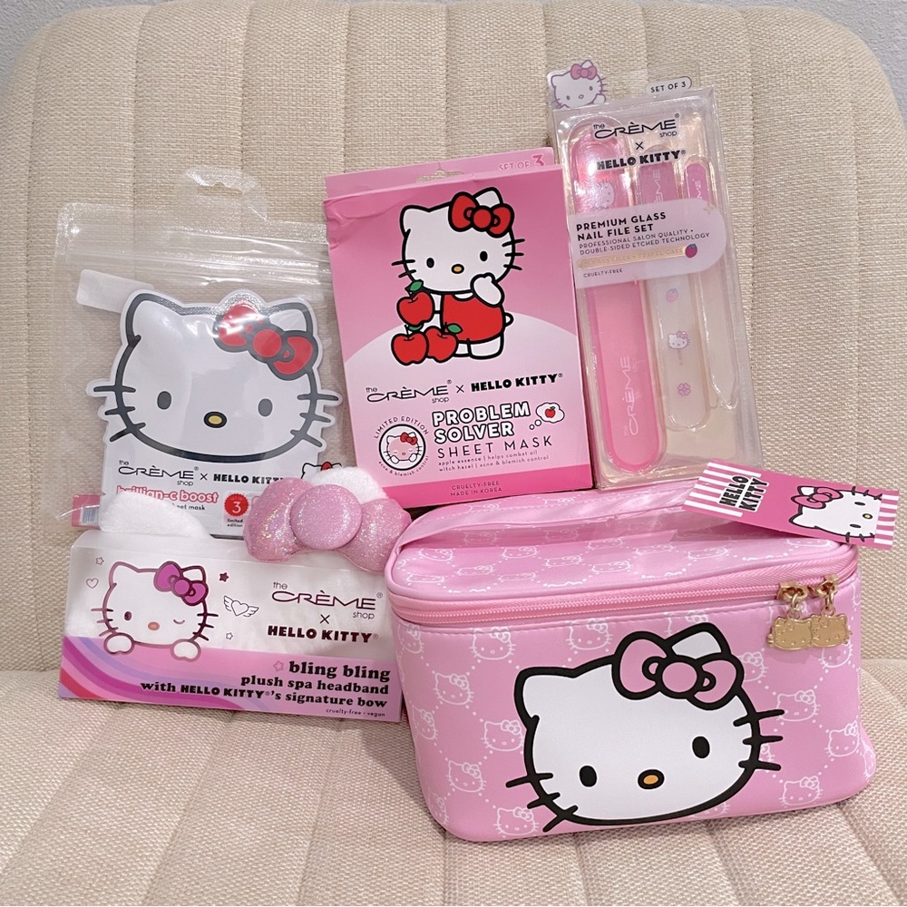 NEW Hello Kitty spa bundle set |‎ makeup bag, spa headband, glass nail file